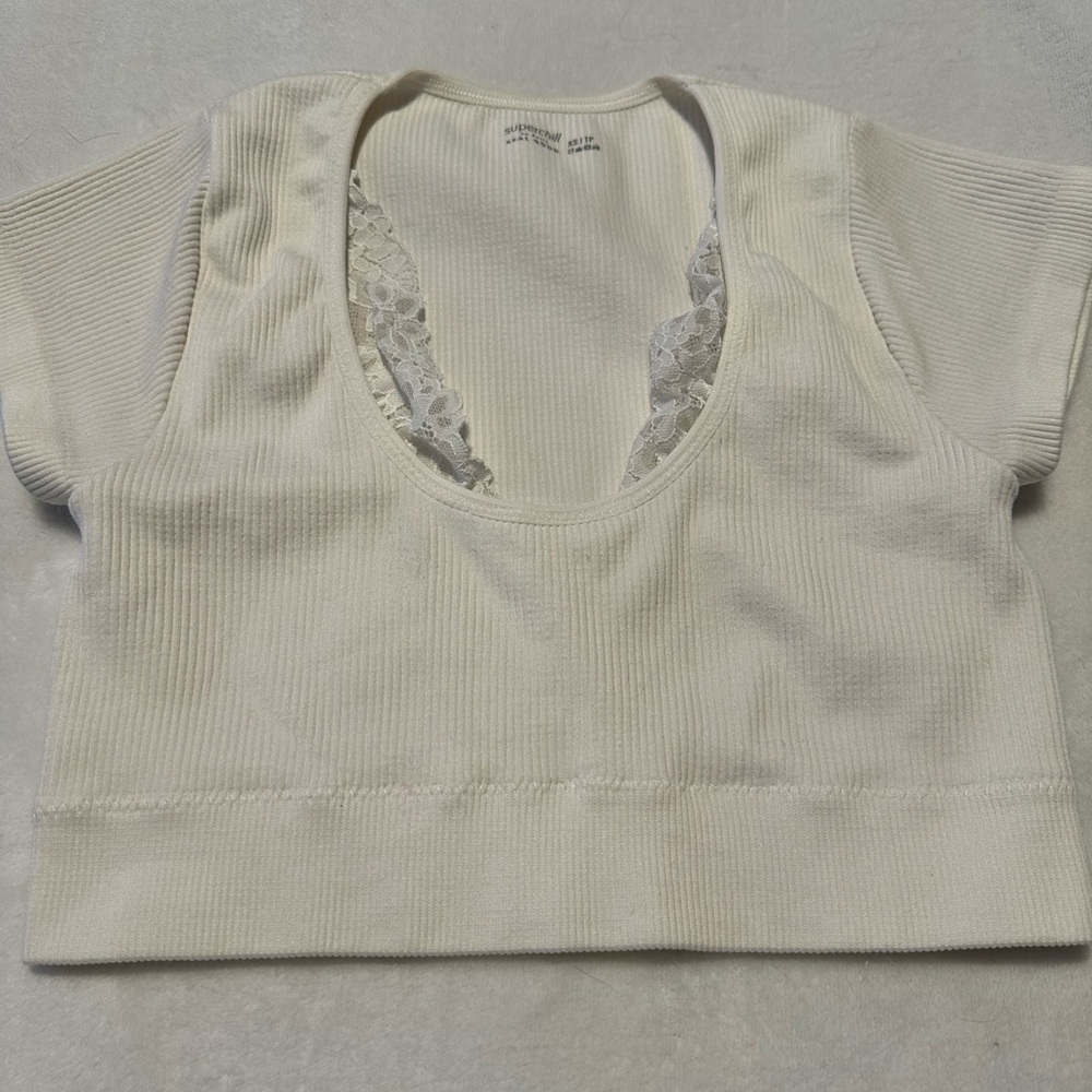 Aerie Cream Lace-Detail Crop Top